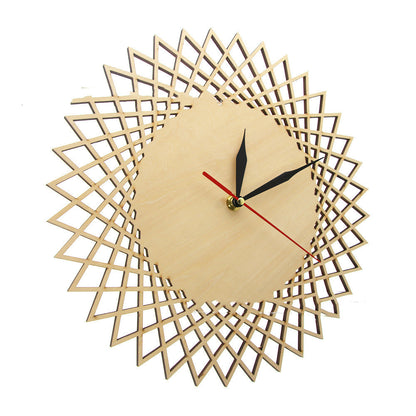 Modern geometric wooden wall clock with intricate openwork design
