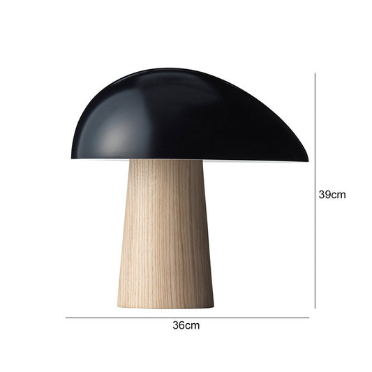 Modern mushroom table lamp with black dome shade and wooden base