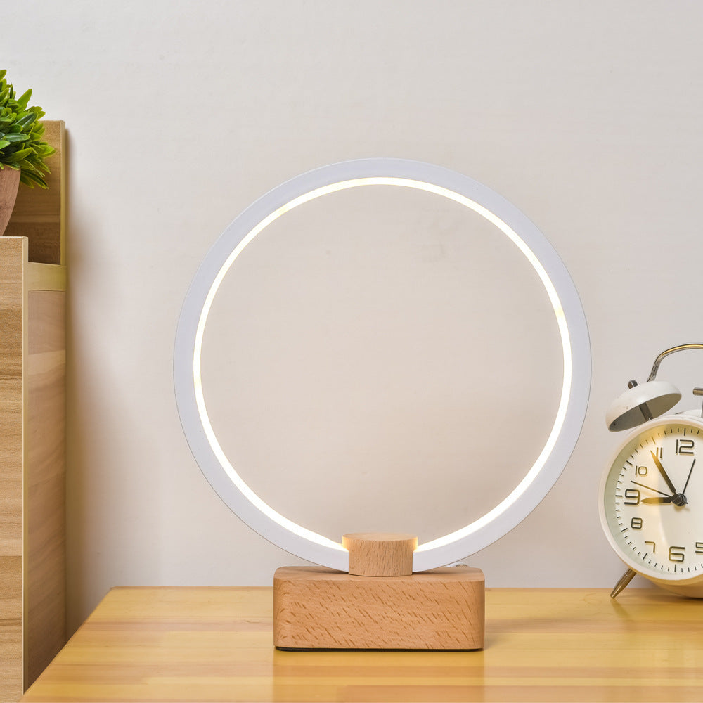 Modern Circular LED Night Lamp – Bamboo & Aluminum USB Bedside Light