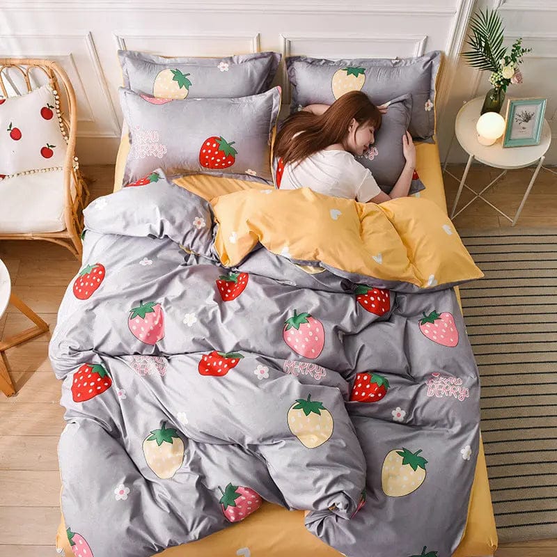 Aloe Cotton Quilted Bedding Set – 3 or 4 Pieces Strawberry farm / Fourpiece bed sheet / 1.5m by Simple Homes