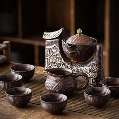 Artisan Firewood Pottery Tea Set – 8-Piece Handmade Collection A by Simple Homes