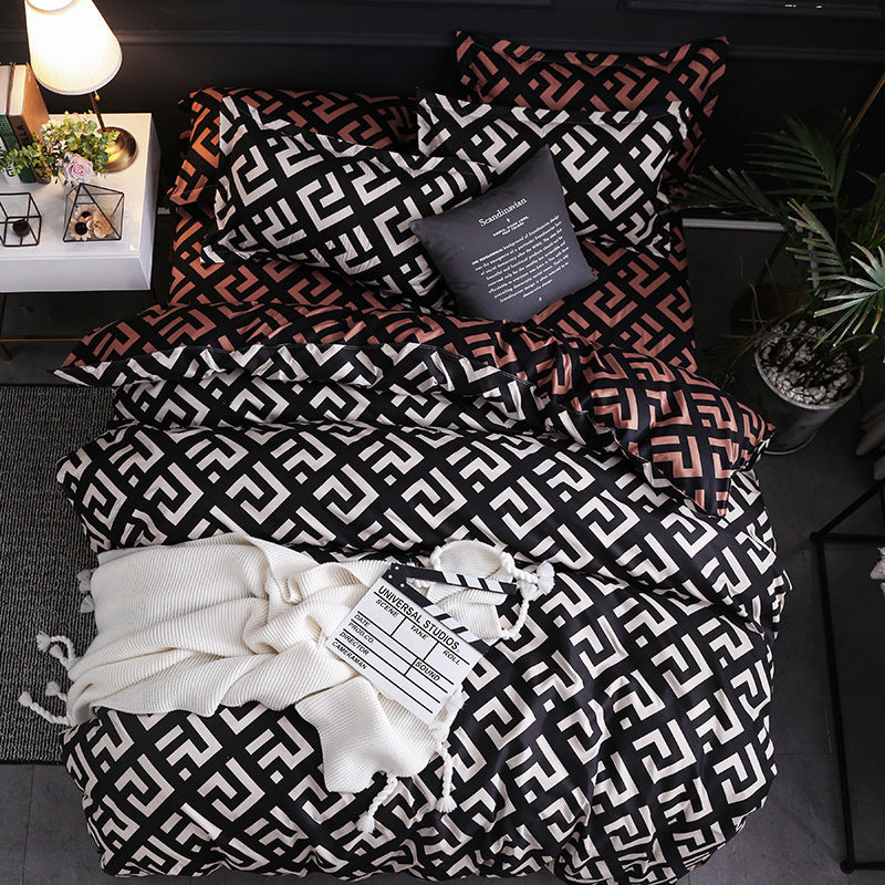Geometric Pattern Quilt Cover Set with Pillowcases – Antibacterial Ramie Bedding