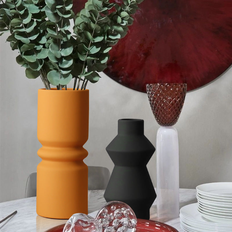 Morandi Geometric Ceramic Vase – Textured Elegance