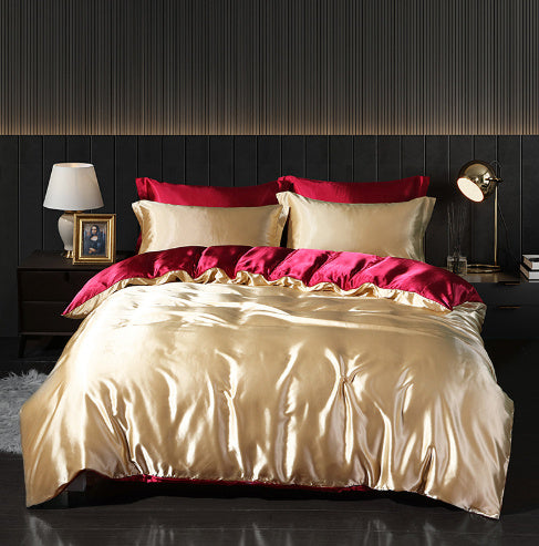 Luxury 4-Piece Double-Sided Silk Satin Bedding Set – Fitted Sheet & Quilt Cover