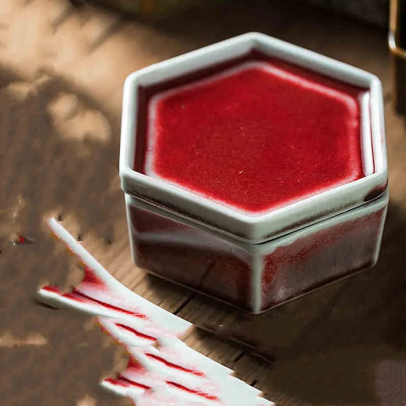 Celestial Hexagon Porcelain Serving Plate with Lid – Japanese-Inspired Snack Dish grey red by Simple Homes