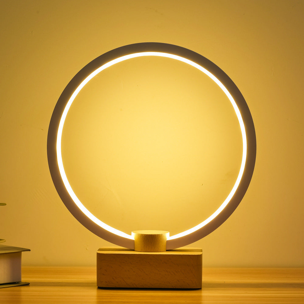 Modern Circular LED Night Lamp – Bamboo & Aluminum USB Bedside Light