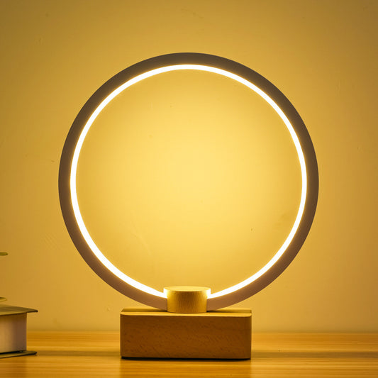 Modern Circular LED Night Lamp – Bamboo & Aluminum USB Bedside Light