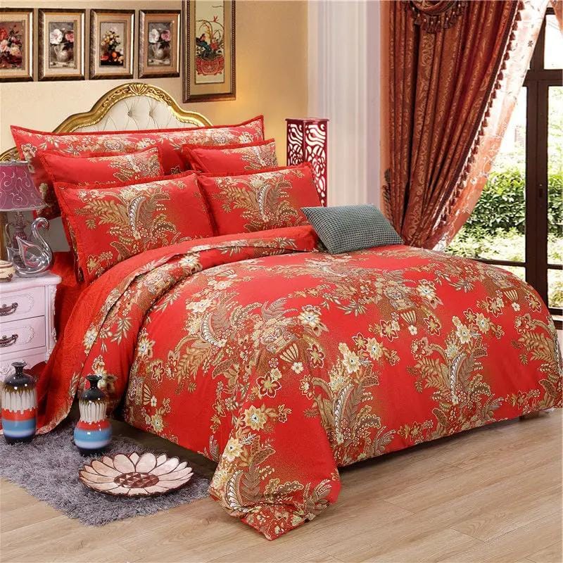 Floral Estate Cotton Bedding Set – Luxury European Style Quilt Cover, Bed Sheet & Pillowcase Red / 1.8m by Simple Homes