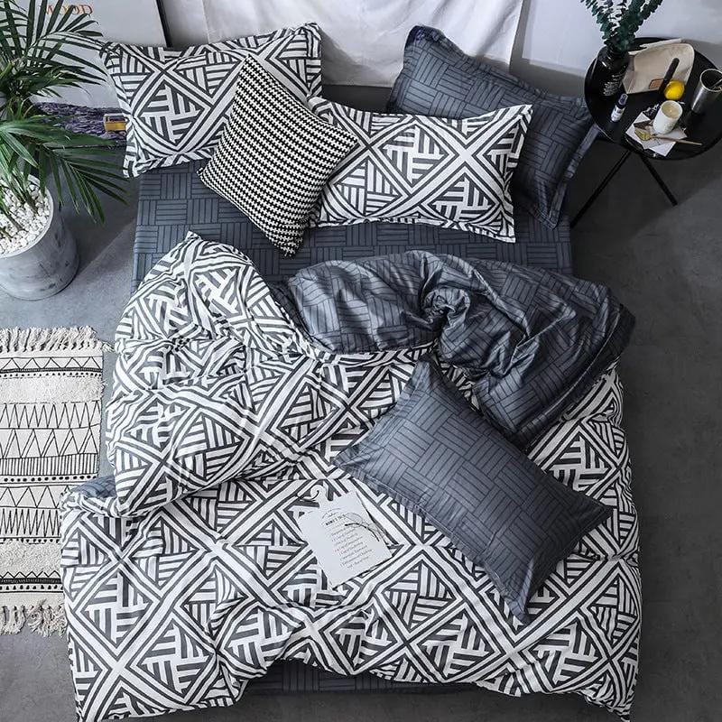 Geometric Pattern Quilt Cover Set with Pillowcases – Antibacterial Ramie Bedding D / DuvetCover135x200cm by Simple Homes