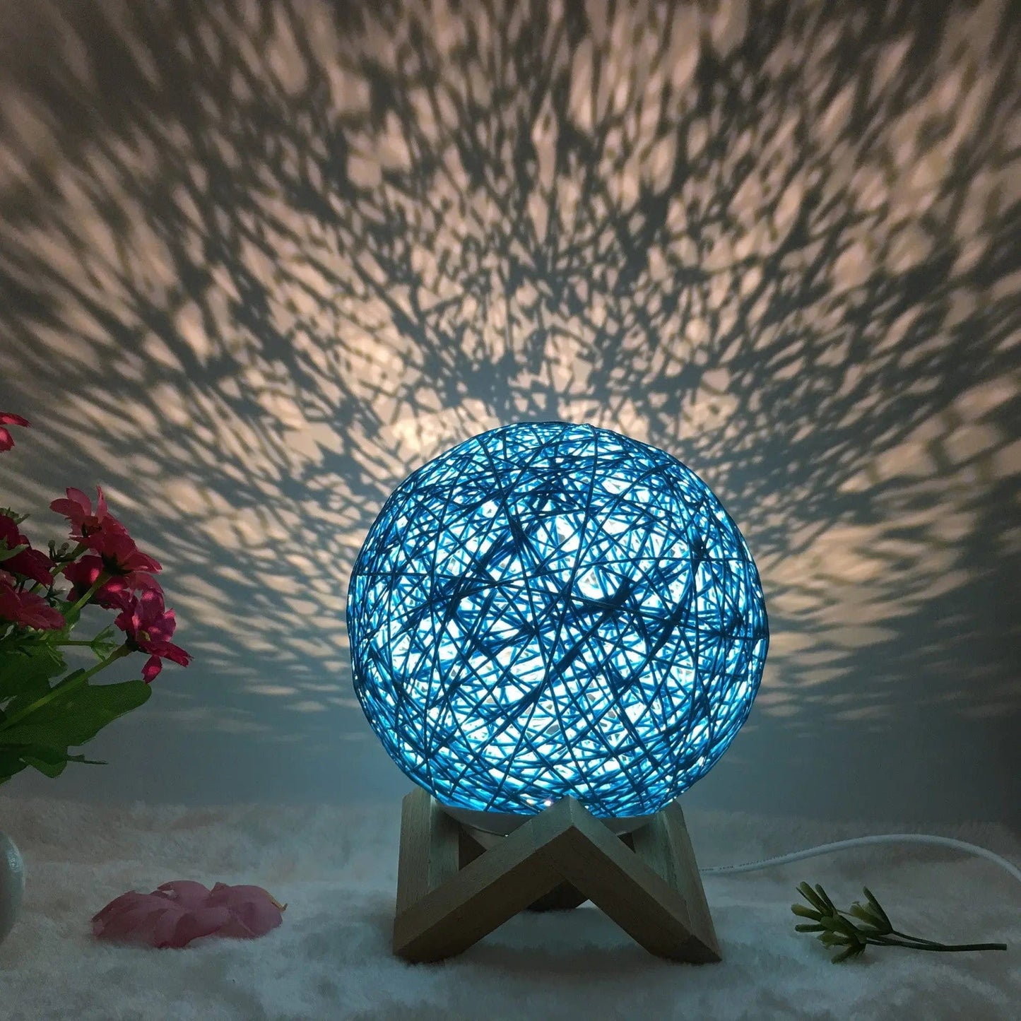 LunaGlow Rattan Sphere Lamp Blue shelf / Button / 15cm by Simple Homes