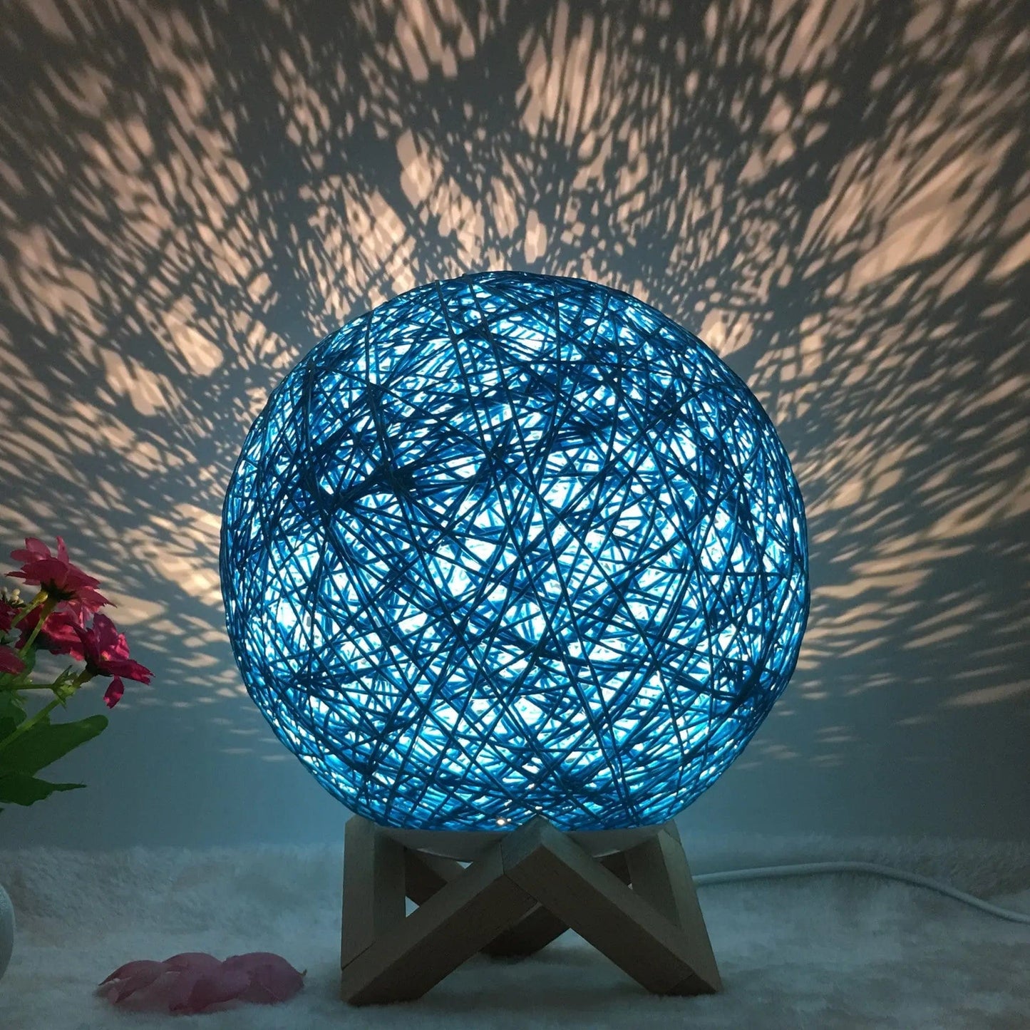 LunaGlow Rattan Sphere Lamp Blue shelf / Button / 20cm by Simple Homes