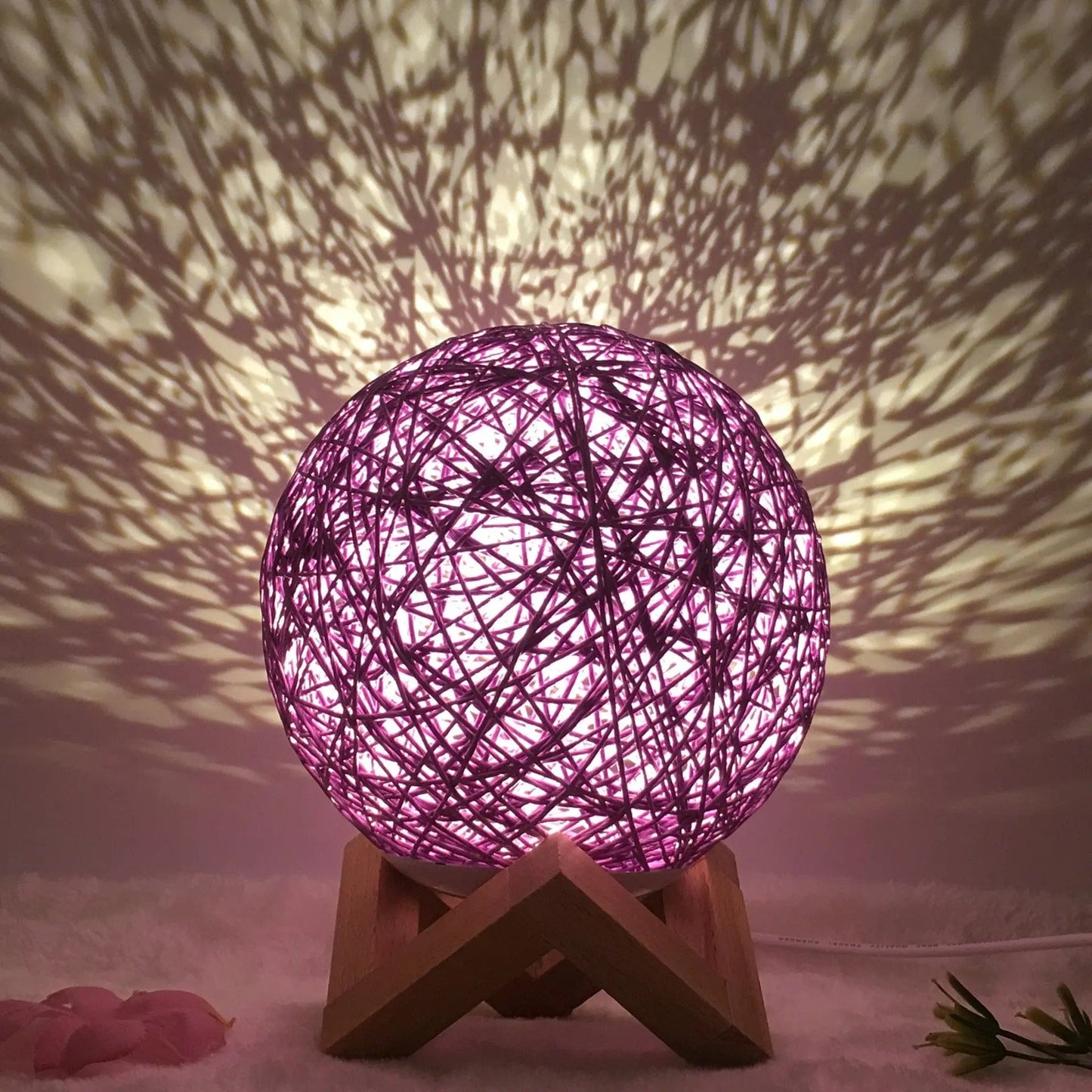 LunaGlow Rattan Sphere Lamp Purple shelf / Button / 20cm by Simple Homes