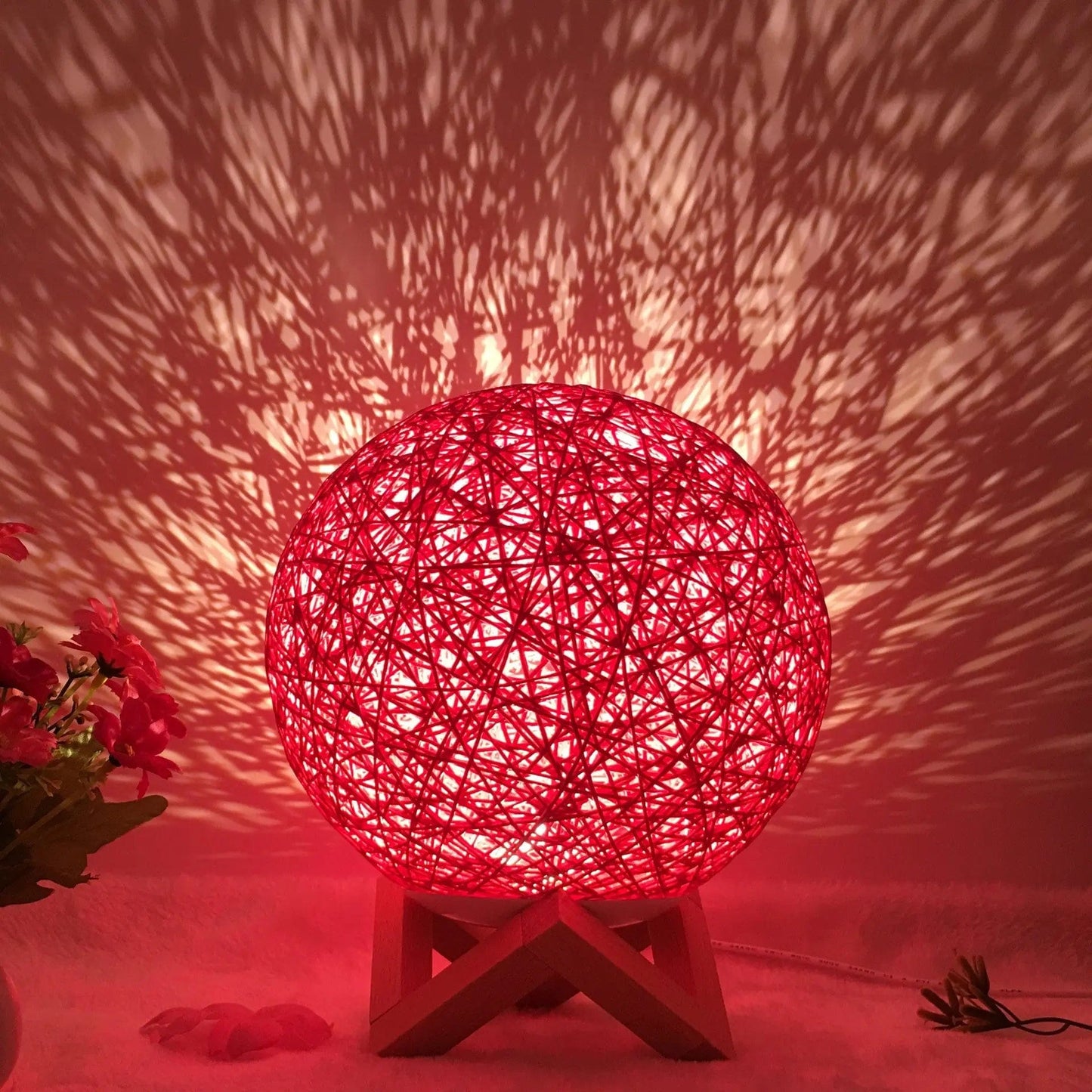 LunaGlow Rattan Sphere Lamp Red shelf / Button / 20cm by Simple Homes