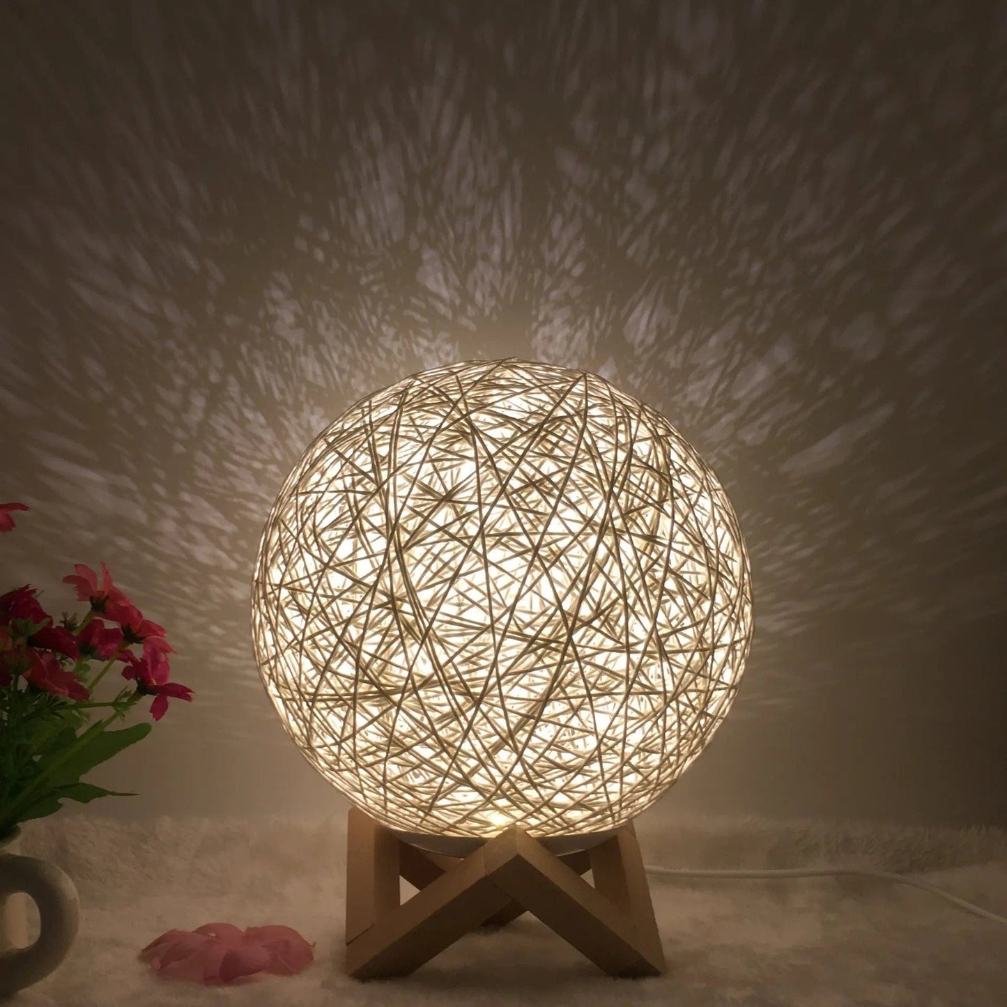 LunaGlow Rattan Sphere Lamp White shelf / Button / 15cm by Simple Homes