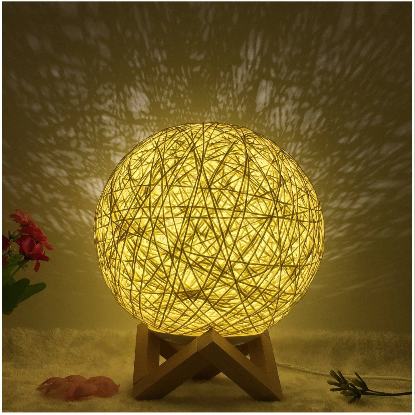 LunaGlow Rattan Sphere Lamp Yellow shelf / Remote control / 15cm by Simple Homes