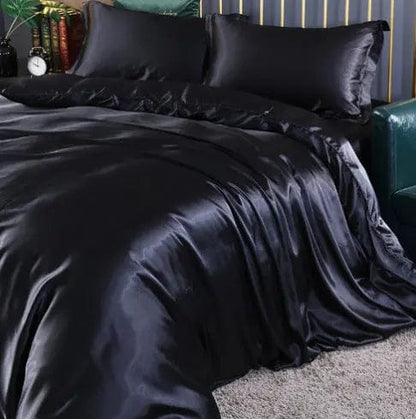 Luxury 4-Piece Double-Sided Silk Satin Bedding Set – Fitted Sheet & Quilt Cover Black / 1.2M Flat Sheet by Simple Homes