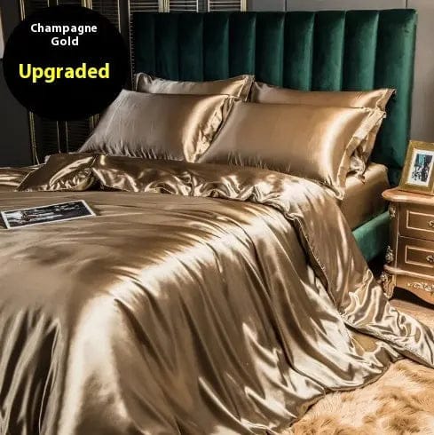 Luxury 4-Piece Double-Sided Silk Satin Bedding Set – Fitted Sheet & Quilt Cover Champagne Gold / 1.2M Flat Sheet by Simple Homes