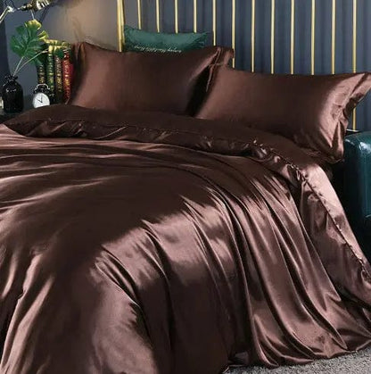 Luxury 4-Piece Double-Sided Silk Satin Bedding Set – Fitted Sheet & Quilt Cover Deep Coffee / 1.2M Flat Sheet by Simple Homes