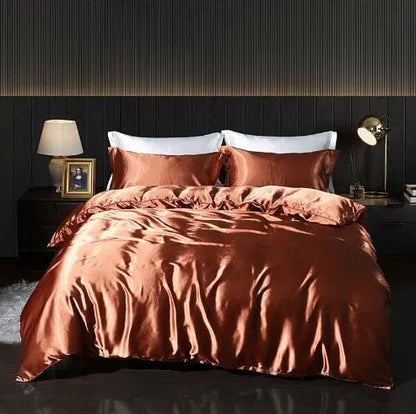 Luxury 4-Piece Double-Sided Silk Satin Bedding Set – Fitted Sheet & Quilt Cover Light Coffee / 1.2M Flat Sheet by Simple Homes