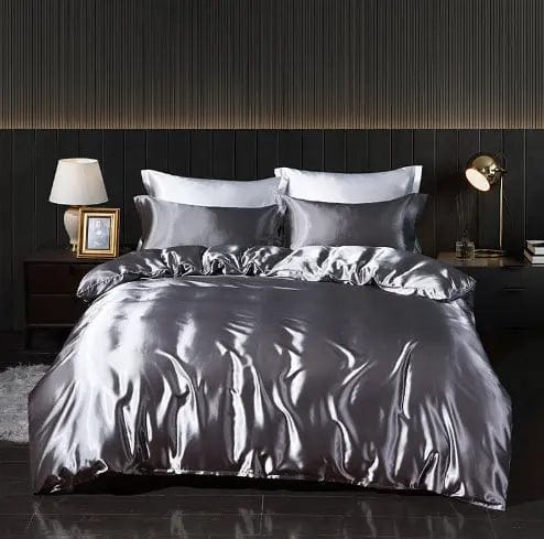 Luxury 4-Piece Double-Sided Silk Satin Bedding Set – Fitted Sheet & Quilt Cover Silver Gray / 1.2M Flat Sheet by Simple Homes