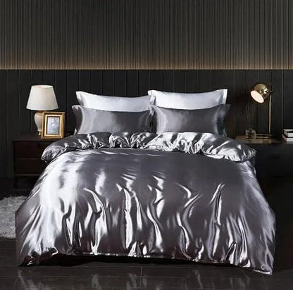 Luxury 4-Piece Double-Sided Silk Satin Bedding Set – Fitted Sheet & Quilt Cover Silver Gray / 1.2M Flat Sheet by Simple Homes