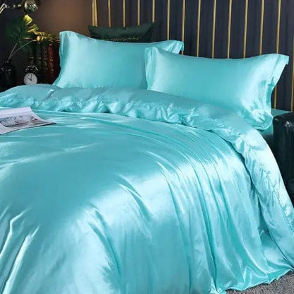 Luxury 4-Piece Double-Sided Silk Satin Bedding Set – Fitted Sheet & Quilt Cover Sky Blue / 1.2M Flat Sheet by Simple Homes