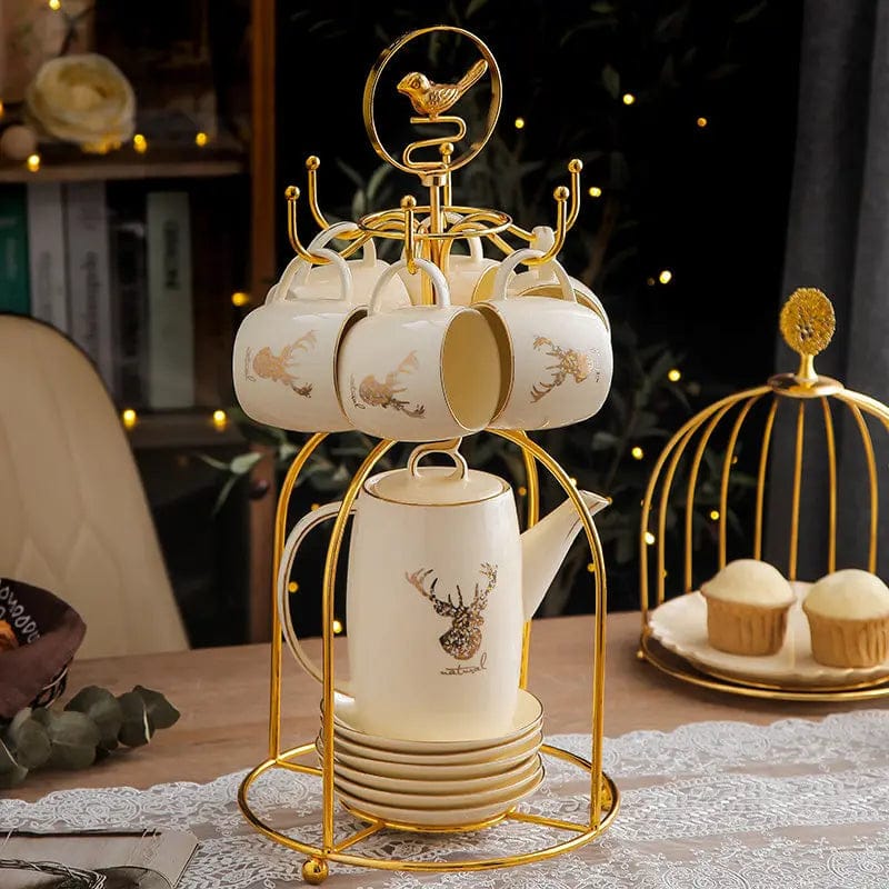 Luxury Elk-Inspired 13-Piece Ceramic Tea Set with Stand – Teapot, Cups & Saucers Elk bird frame by Simple Homes