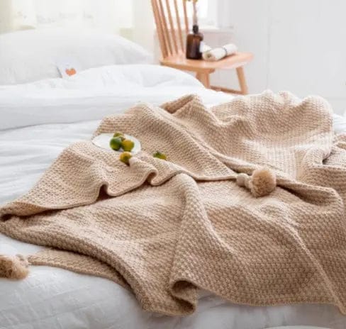 Nordic Knit Pom-Pom Throw Blanket Beige / 130×170cm by Simple Homes