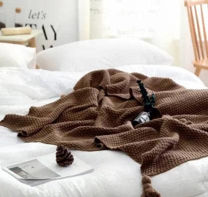 Nordic Knit Pom-Pom Throw Blanket Brown / 130×170cm by Simple Homes