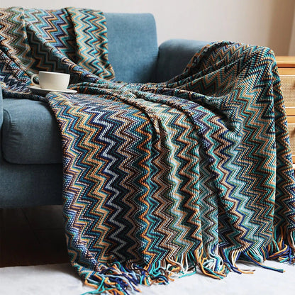 Striped Bohemian Knitted Throw Blanket – Soft Acrylic Fiber, Cozy for All Seasons by Simple Homes
