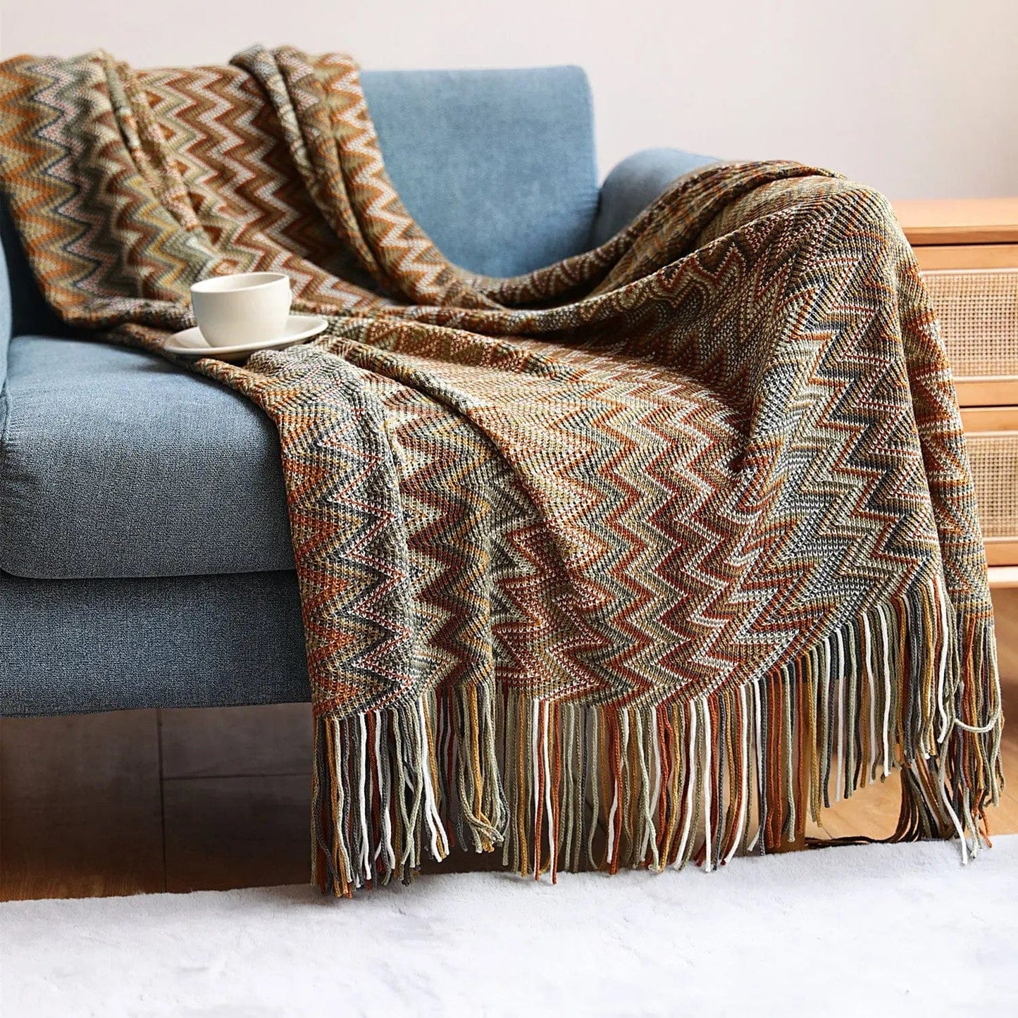 Striped Bohemian Knitted Throw Blanket – Soft Acrylic Fiber, Cozy for All Seasons Yellow / 127x152cm by Simple Homes