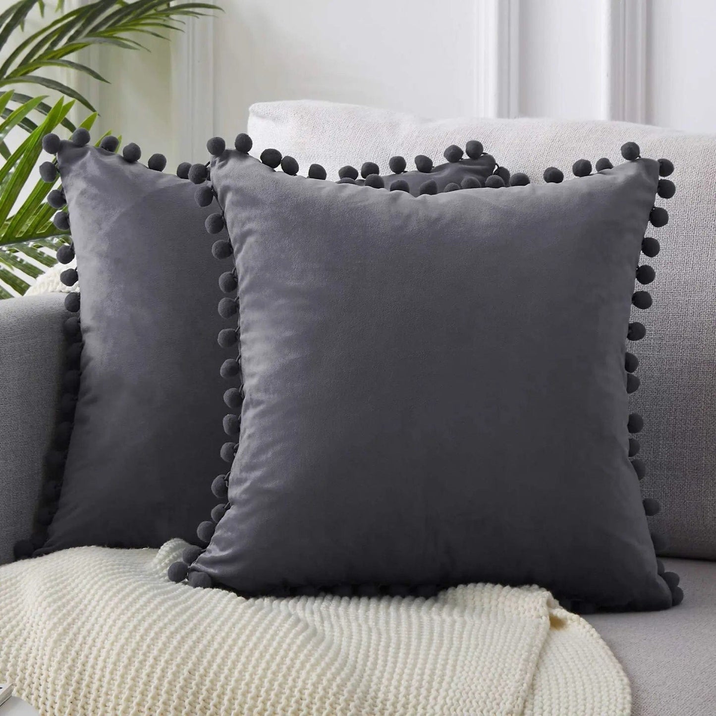 Velvet Pom-Pom Trim Cushion Cover Collection Dark Grey / 40x40xm by Simple Homes