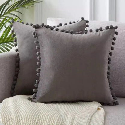 Velvet Pom-Pom Trim Cushion Cover Collection Grey / 45x45cm by Simple Homes