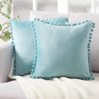 Velvet Pom-Pom Trim Cushion Cover Collection Light Blue / 40x40xm by Simple Homes