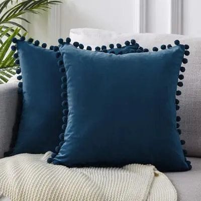Velvet Pom-Pom Trim Cushion Cover Collection Navy Blue / 40x40xm by Simple Homes