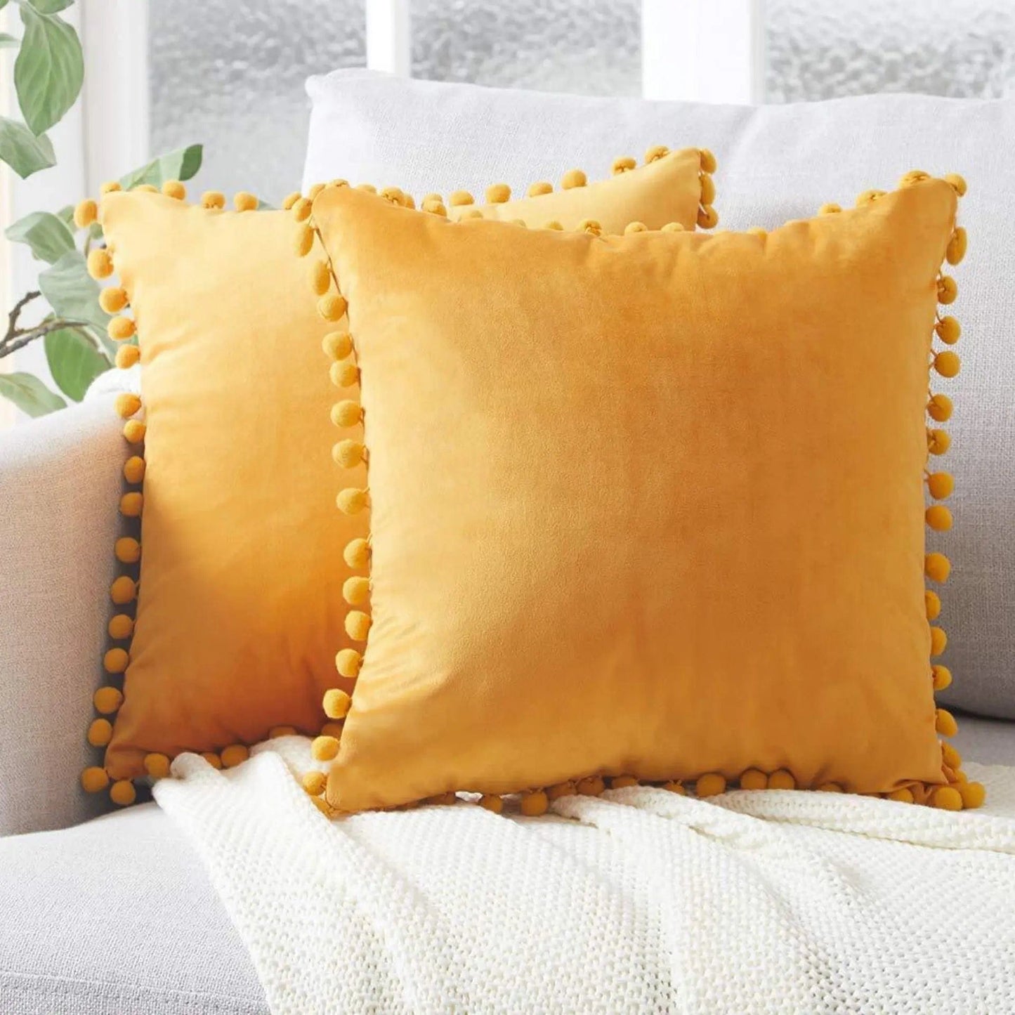 Velvet Pom-Pom Trim Cushion Cover Collection Orange / 40x40xm by Simple Homes