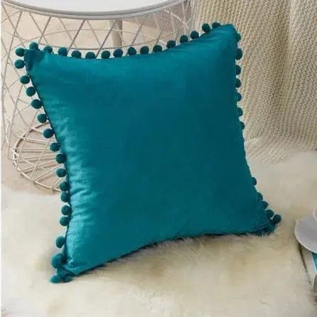 Velvet Pom-Pom Trim Cushion Cover Collection Peacock Blue / 40x40xm by Simple Homes