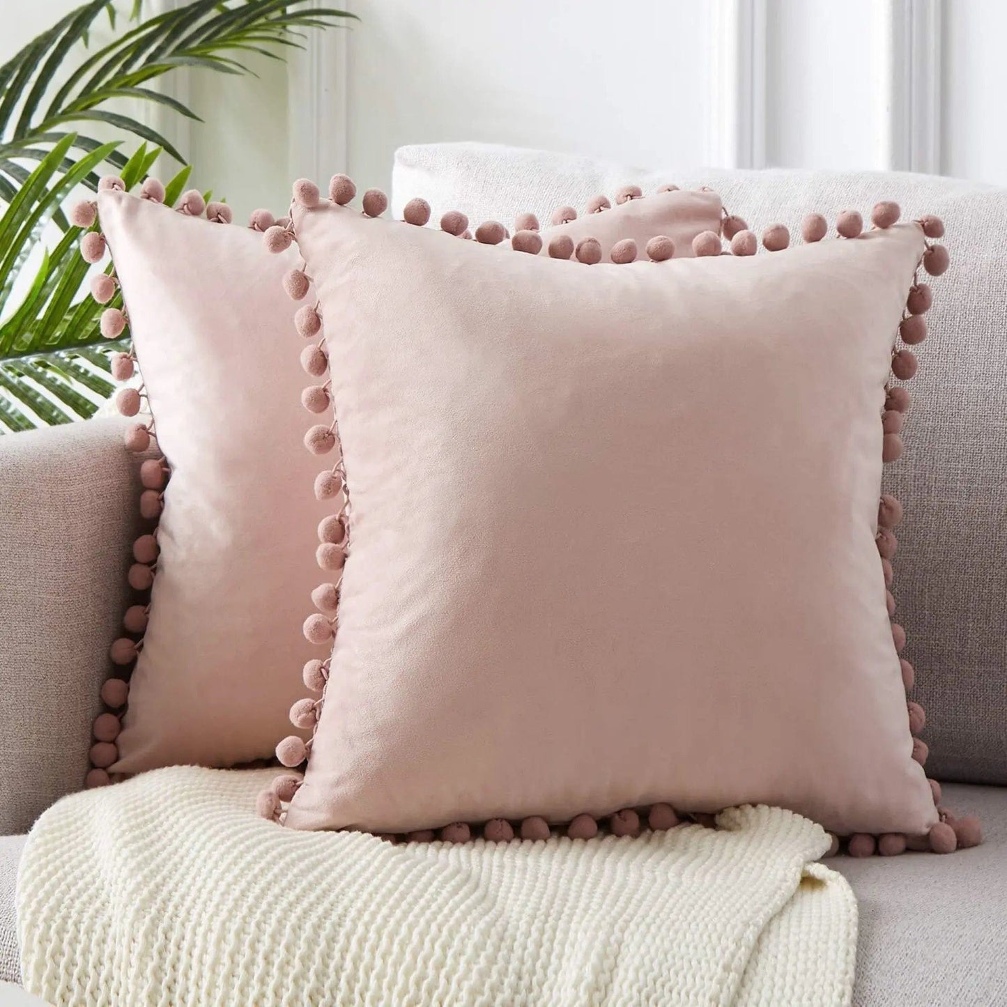 Velvet Pom-Pom Trim Cushion Cover Collection Pink / 40x40xm by Simple Homes