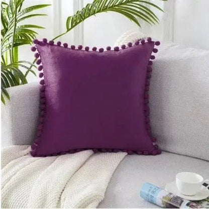 Velvet Pom-Pom Trim Cushion Cover Collection Purple / 40x40xm by Simple Homes