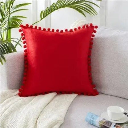 Velvet Pom-Pom Trim Cushion Cover Collection Red / 40x40xm by Simple Homes