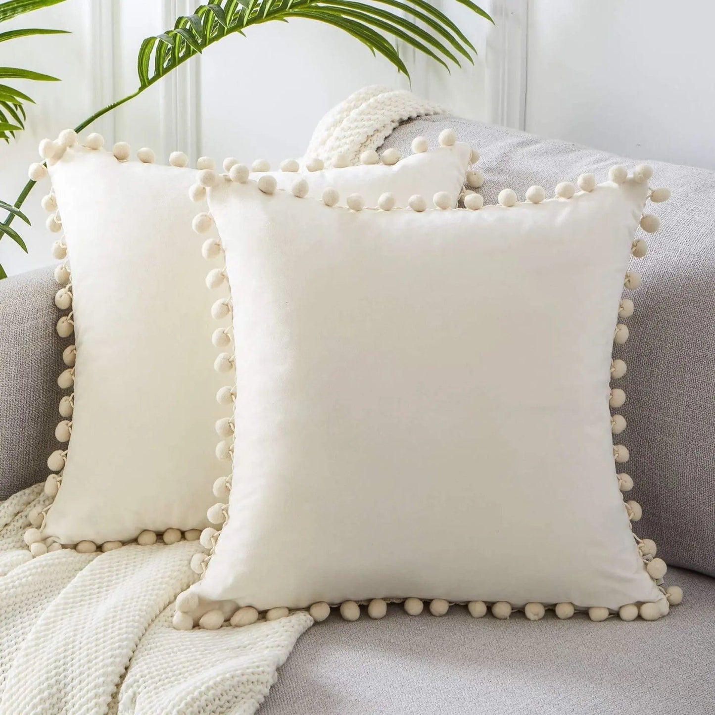 Velvet Pom-Pom Trim Cushion Cover Collection White / 40x40xm by Simple Homes