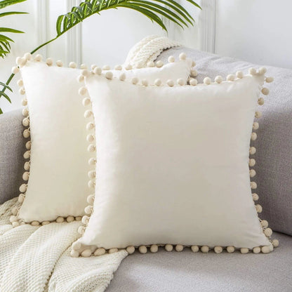 Velvet Pom-Pom Trim Cushion Cover Collection White / 40x40xm by Simple Homes
