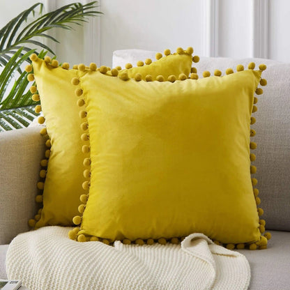 Velvet Pom-Pom Trim Cushion Cover Collection Yellow / 40x40xm by Simple Homes