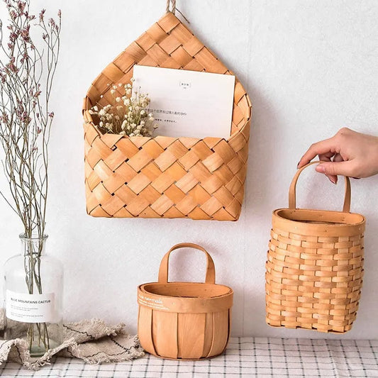 Vintage Woven Hanging Storage Baskets – Wall-Mounted Wooden Organizer by Simple Homes
