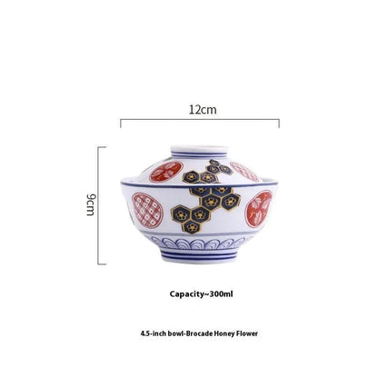 Whispers of Japan – Porcelain Stew Bowl with Lid 4.5inches Round Brocade Flower by Simple Homes