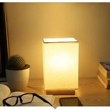 Wooden LED Table Lamp with Linen Shade – USB Bedside Decorative Light 5030style / 01style / Uk by Simple Homes